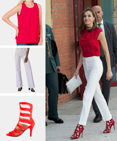 White Jeans for Tall Women Styled with a Red Shirt and Red Shoe