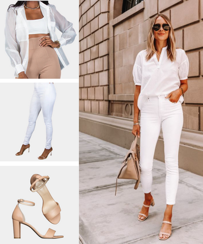 White Jeans for Tall Women Styled With White Shirt and Nude Heels