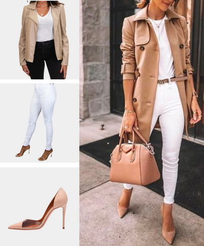 White Jeans for Tall Women Styled with a Brown Leather Jacket