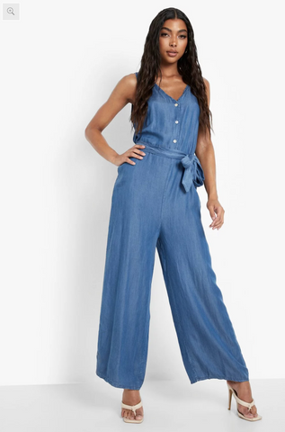 Tall Denim Jumpsuits - Tall Tie Waist Denim Jumpsuit