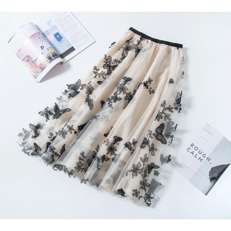 Elegant Women's Mesh Skirt High Waist A-Line Chic Embroidery 3D Appliques