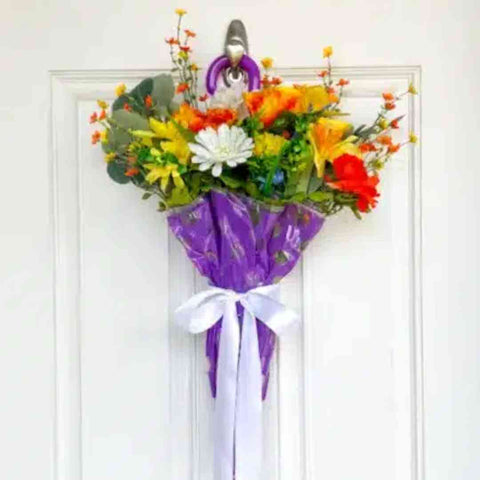 Floral Door Hanger made from an umbrella and cut flowers