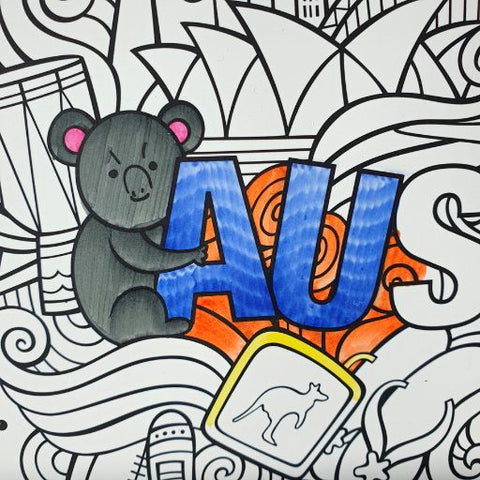 An Australia-themed colouring page featuring a koala.  The picture has been coloured with markers and demonstrates the art element of Texture.