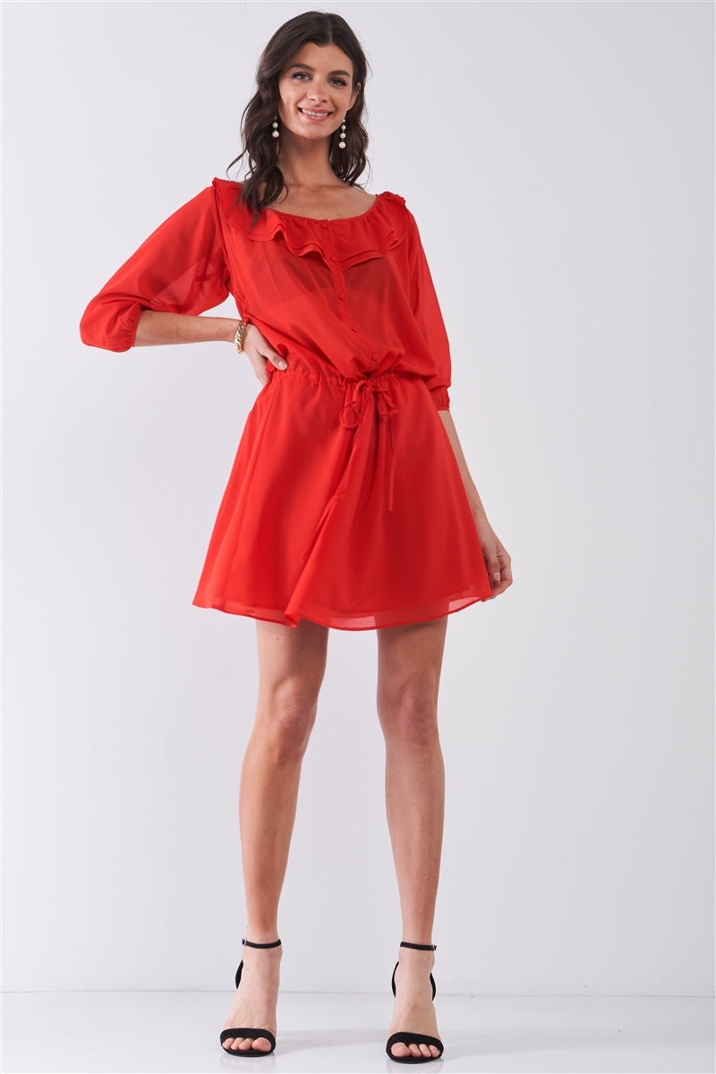 Red Flame Boat Neck Ruffle Collar Midi Sleeve Women's Mini Dress