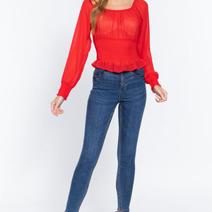 Red Long Sleeves Smocked Chiffon Women's Top