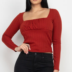 Burgundy Long Sleeves Shirred Square Neck Women's Top