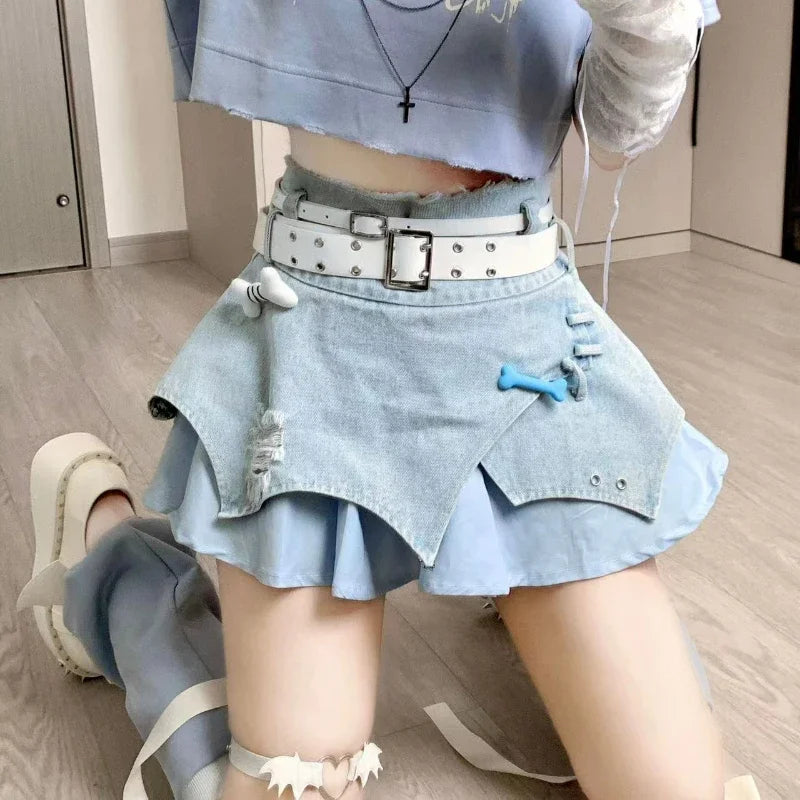 Aiertu Japanese Style Lolita Denim Skirt Gothic Women Harajuku Y2k Patchwork High Waist Mini Skirts Punk E Girl Irregular Sexy Skirts