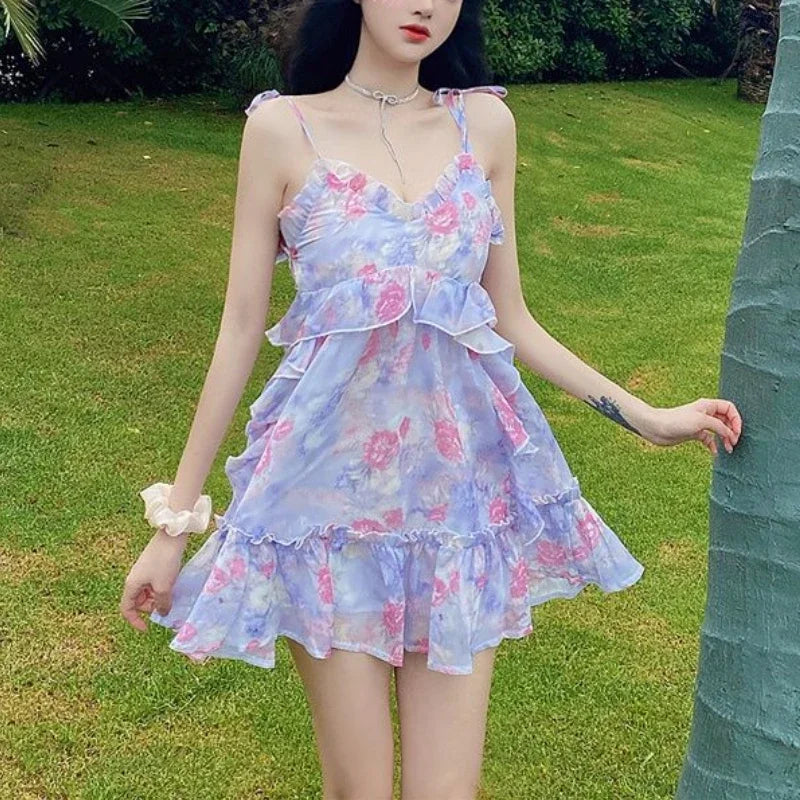 Aiertu Spaghetti Strap Dress Women Ruffles Sexy Japanese Sweet Princess Dress Female Beach Holiday Floral Mini Boho Dress 2024 Summer