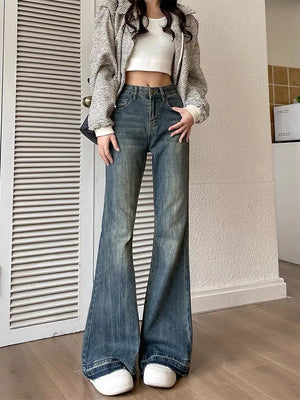 Aiertu Fashion Slim Casual Vintage Blue Women‘s Jeans Winter American Style Chic Office Ladies Pockets Basic Female Flare Pants - Aiertu