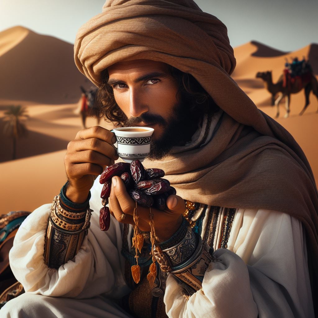 un bédouin boit un café de dattes