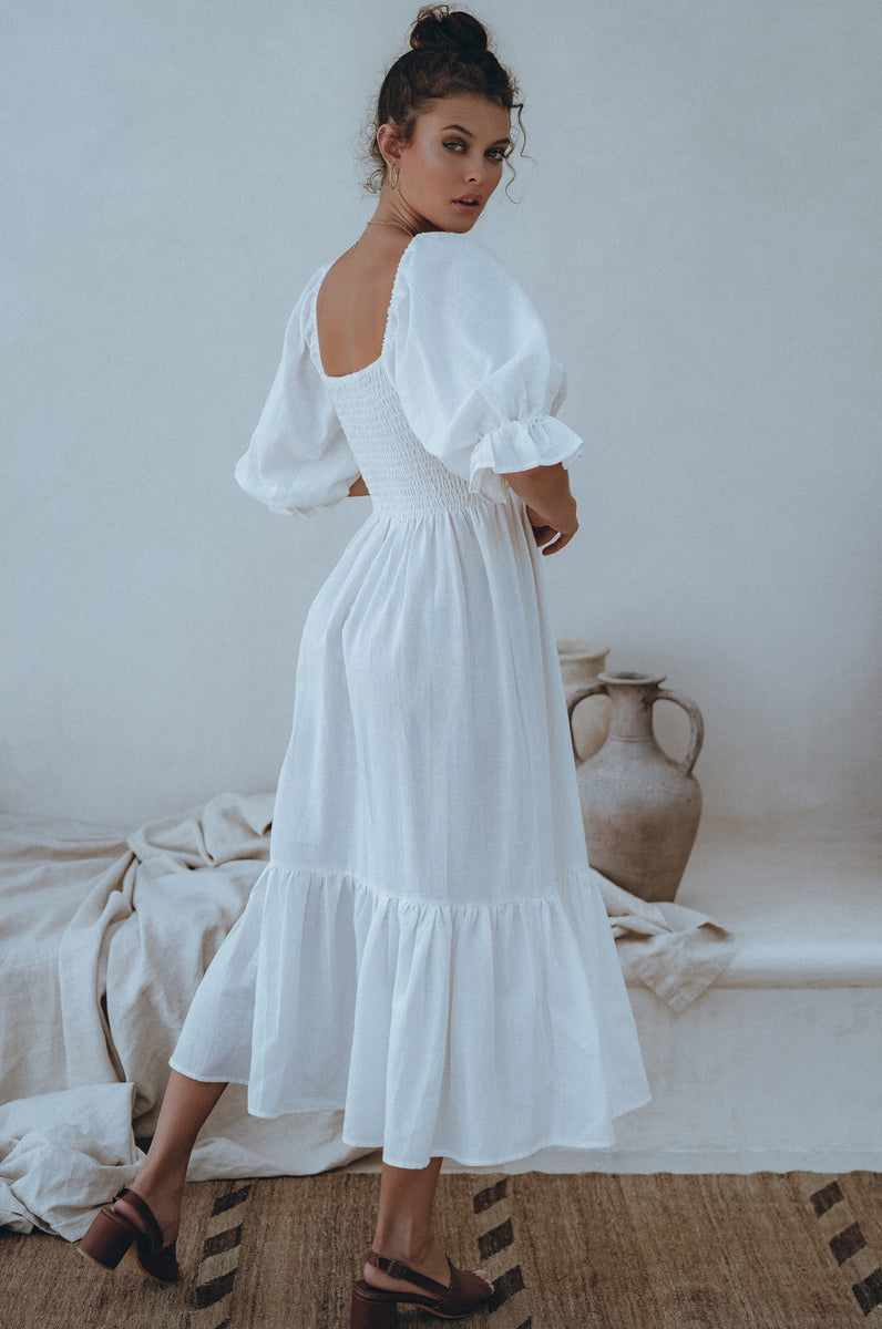 Almeria Smocked Midi Linen Dress – Bali Lane
