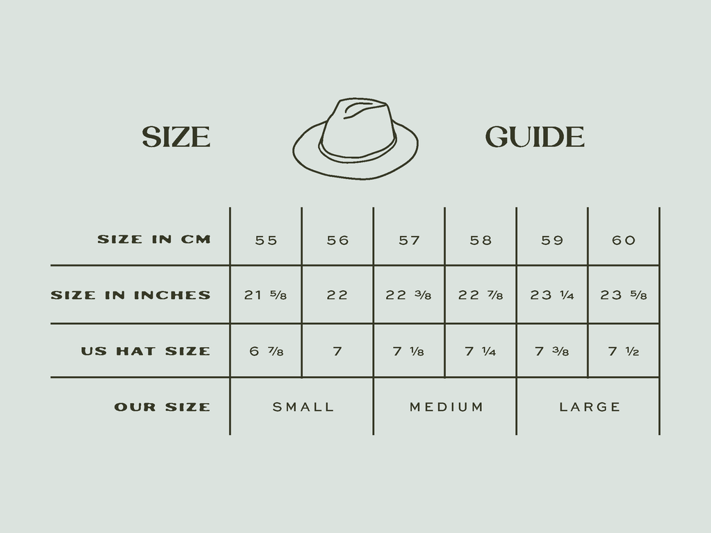 Illustration of Sol Authentica's Hat Size Guide chart. The guide displays a hat icon above a table divided into four columns. The columns list sizes in centimeters from 55 to 60, corresponding sizes in inches from 21 5/8 to 23 5/8, U.S. hat sizes from 6 7/8 to 7 1/2, and Sol Authentica's own sizes ranging from Small to Large. The chart is designed to help customers find their perfect hat size for a comfortable and stylish fit.