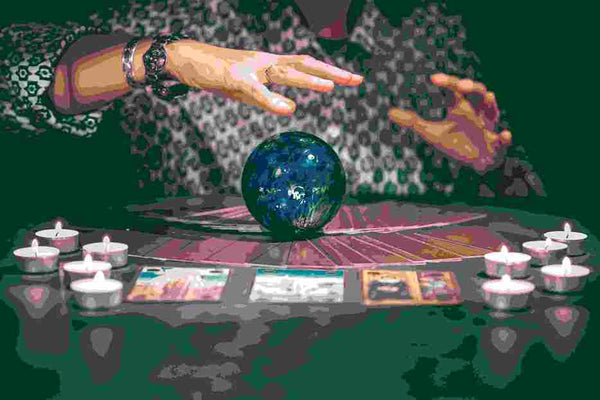 Past-life psychic reading, a person using a crystal ball for psychic reading.