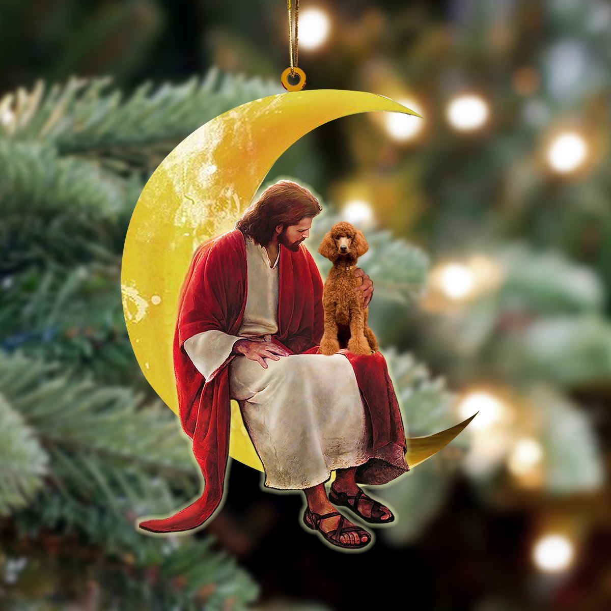 Poodle And Jesus Sitting On The Moon Hanging Ornament - gousvip