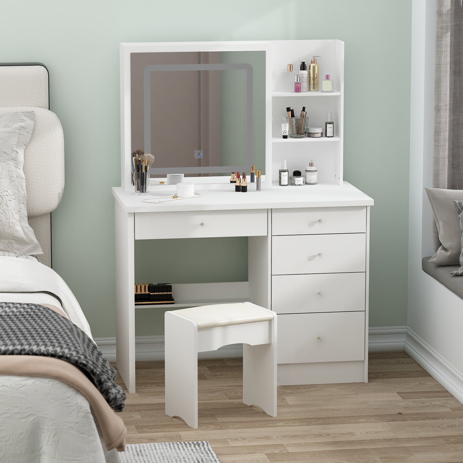 Hitow Vanity Desk Set with Lighted Mirror, Makeup Vanity with Drawer &  Shelf, Dressing Table with Cushion Stool, Vanity Set for Bedroom, White