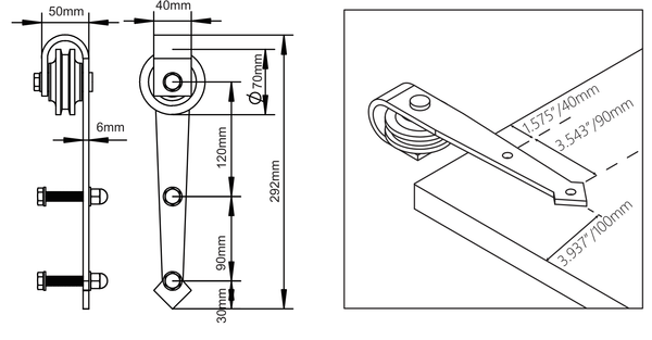 Arrow barn door hardware dimensions of the rollers