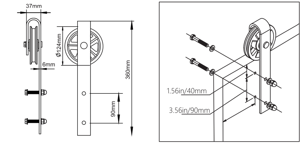 big wheel barn door hardware dimensions of the rollers