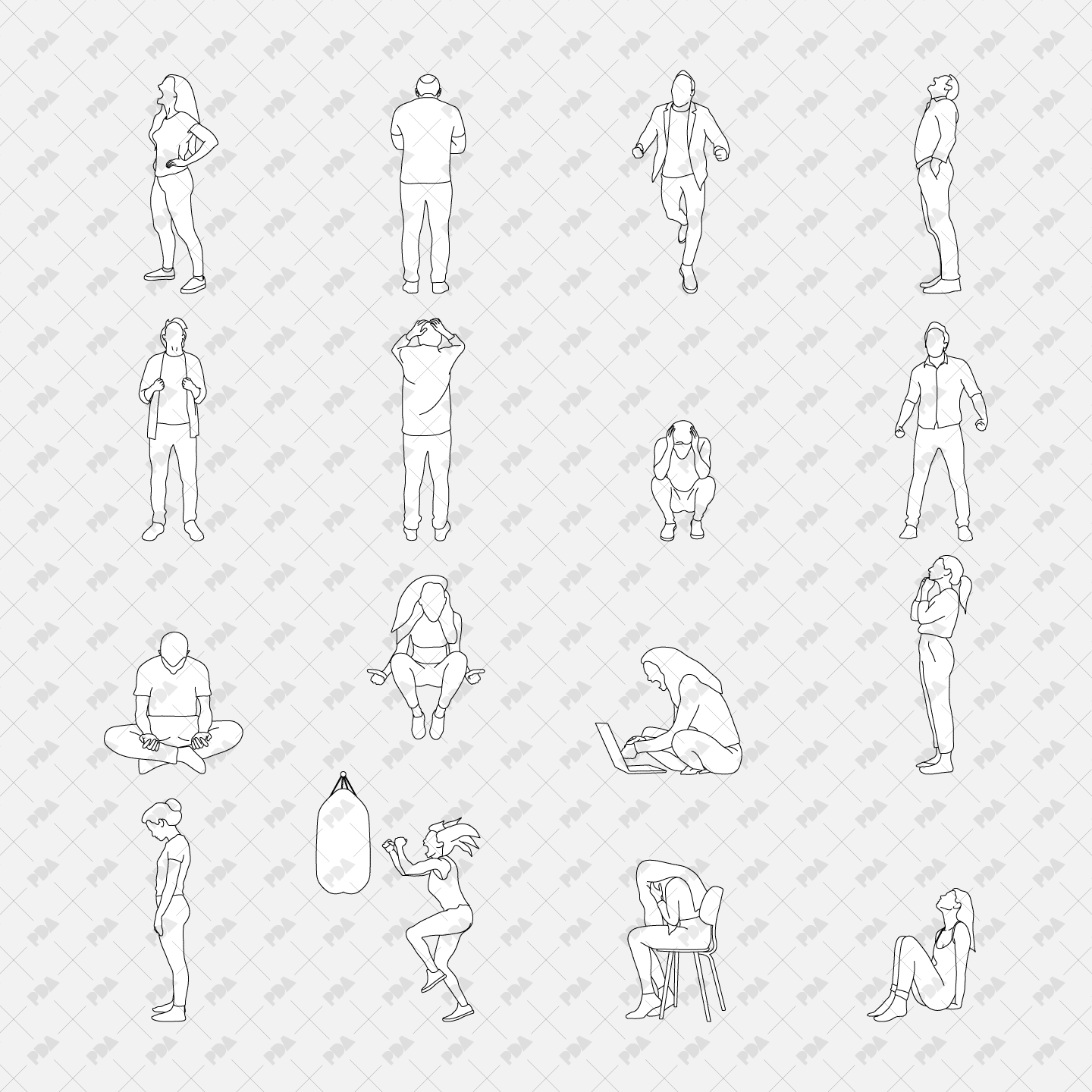 CAD, Vector, PNG Scream Room Characters in Front, Side, Back Views