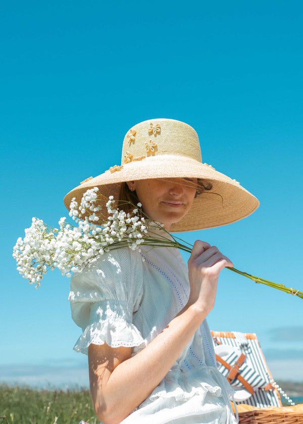 Floral Handbag with Acrylic Handle - Leghorn Straw