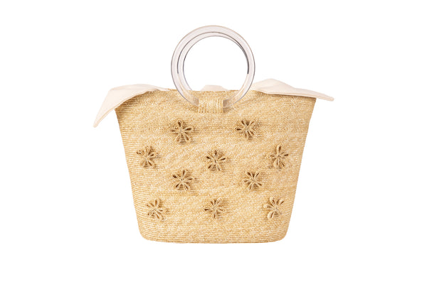 Floral Applique Handbag - Leghorn Straw