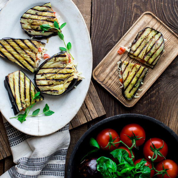 Grilled Eggplant with Tomatoes and Cheddar