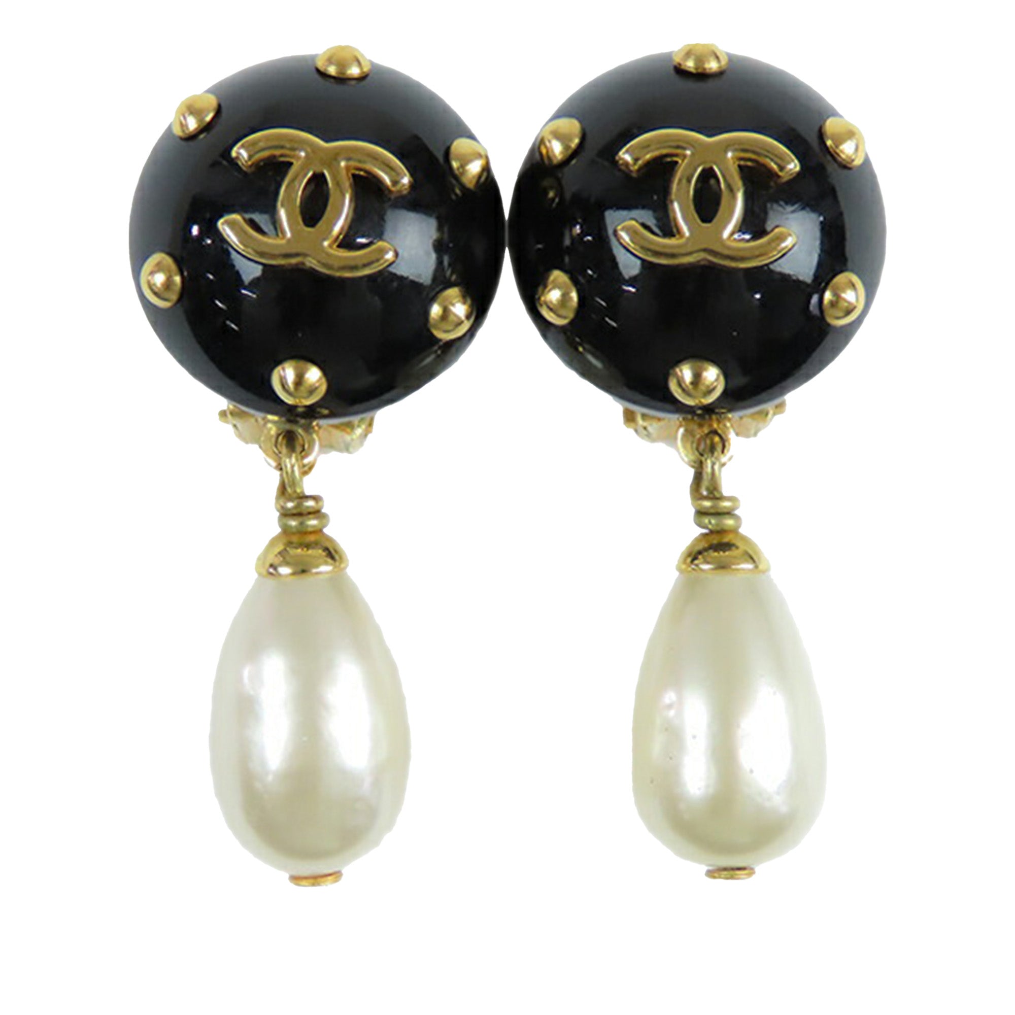 image of Chanel CC Resin Dangling Faux Pearl Clip on Earrings