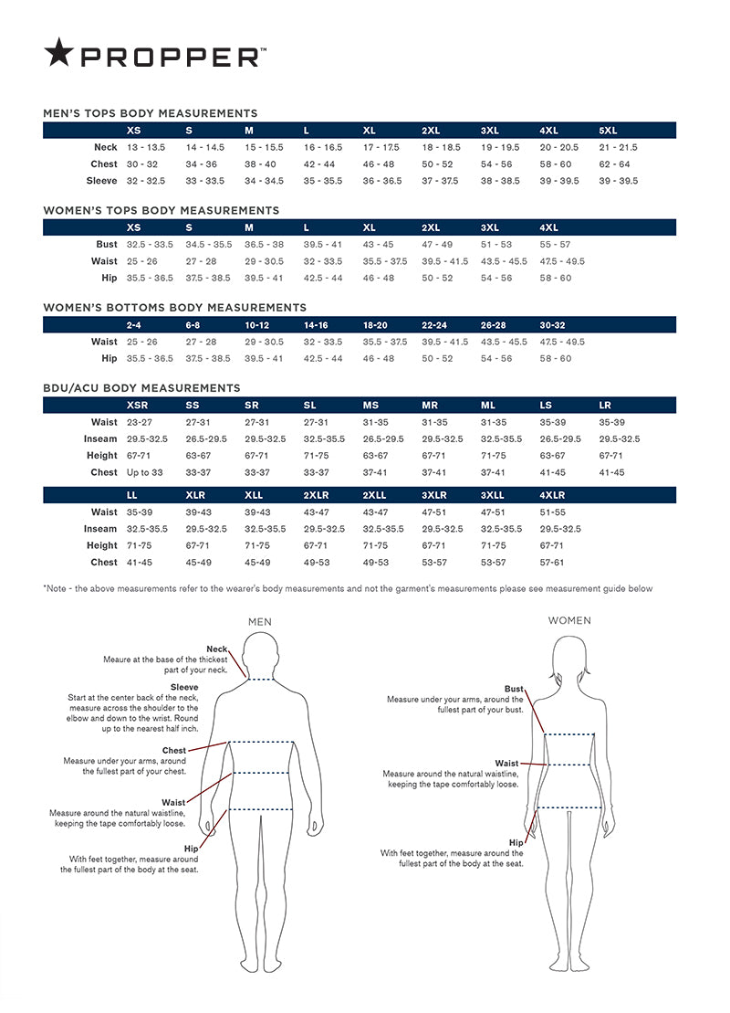 Saf Uniform Size Chart