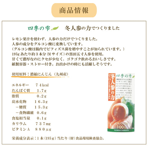 四季の雫　冬人参の力でつくりました　栄養分析表示　説明