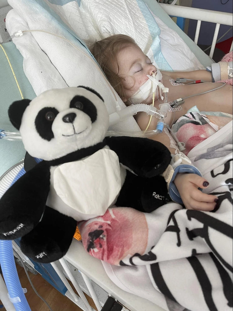 Photo of The Finn Panda next to little girl in hospital bed connected to medical devices