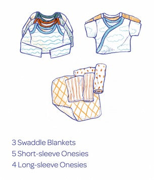 Bonsai’s Welcome box collection of baby clothing and accessories, including 3 Swaddle Blankets, 5 Short-sleeve Onesies, and 4 Long-sleeve Onesies, all drawn in a sketch-like style.