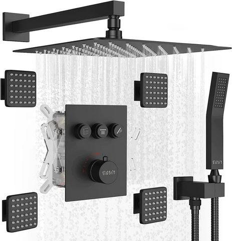 STARBATH Wall-Mounted Thermostatic Shower System With 4 Body Jets Matte Black