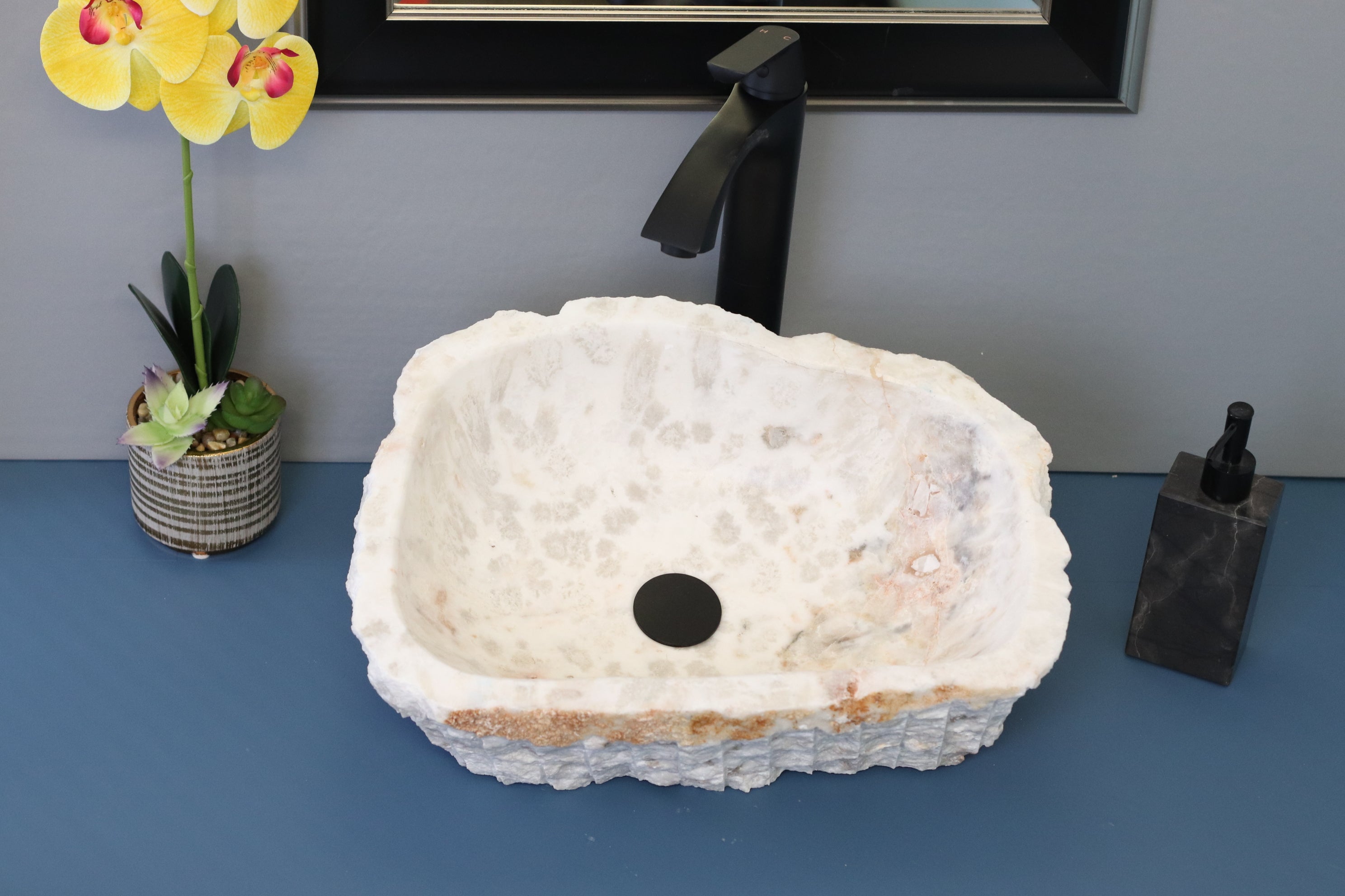 S13_01 White and Gray Onyx Stone Vessel Bathroom Sink