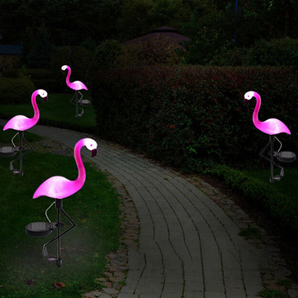 Four Solar Powered Pink Flamingo Lights