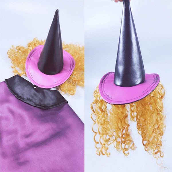 close up view of witch dog hat and purple cloak witch hat