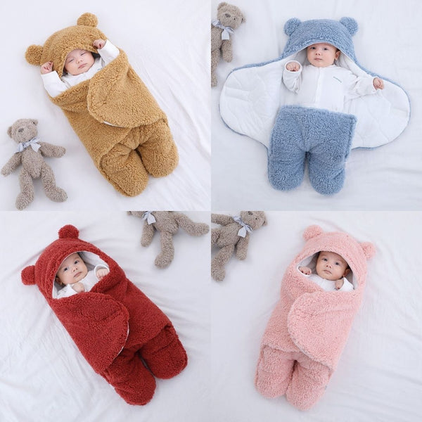 brown, red, pink and blue variants for the bear shape baby swaddle