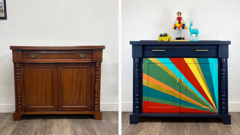 before and after painting upcycle on wooden cabinet