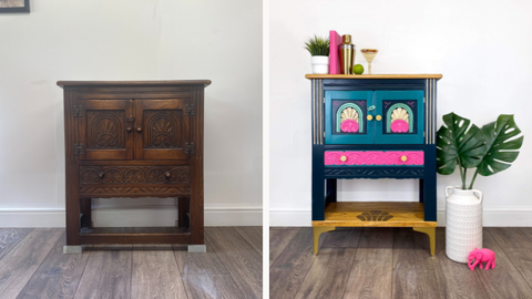 before and after painting of a brown carved cupboard upcycle