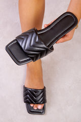 TANNER ZIG ZAG QUILTED SQUARE TOE SLIDERS IN BLACK FAUX LEATHER