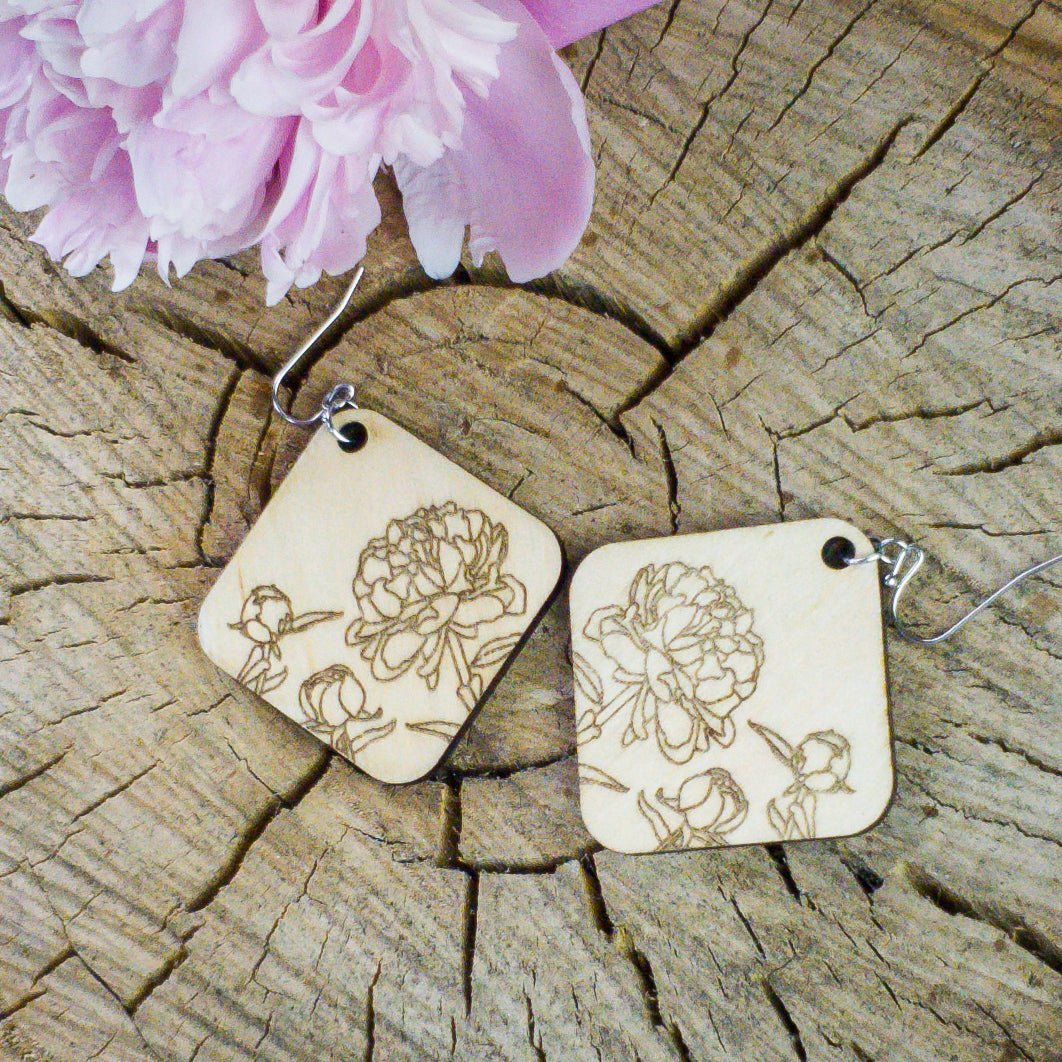 Small Diamond Shaped Peony Engraved Wood Earrings