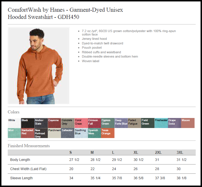 ColorWash Hoodie Size and Color Chart