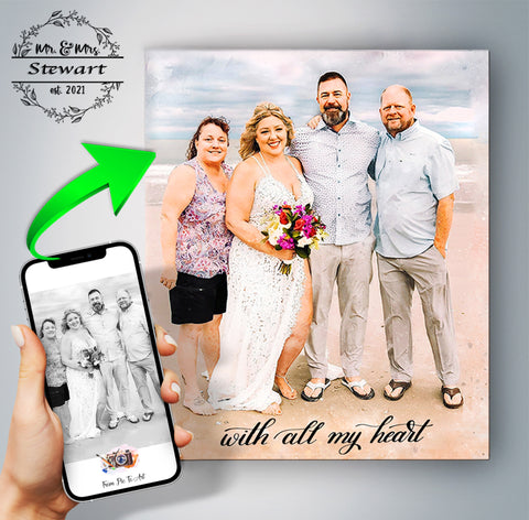 This wedding portrait shows a wedding couple with two friends at the beach