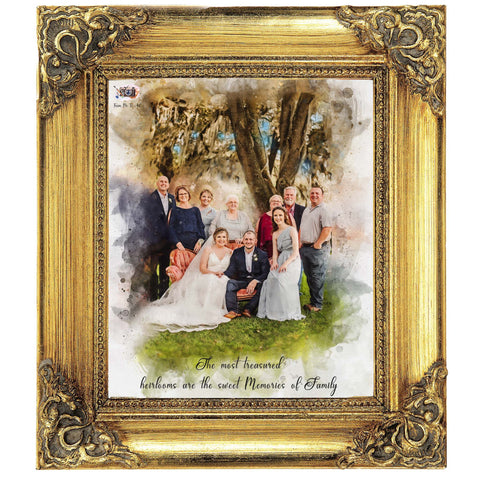 This wedding portrait shows a group of people under a tree celebrating the wedding couple