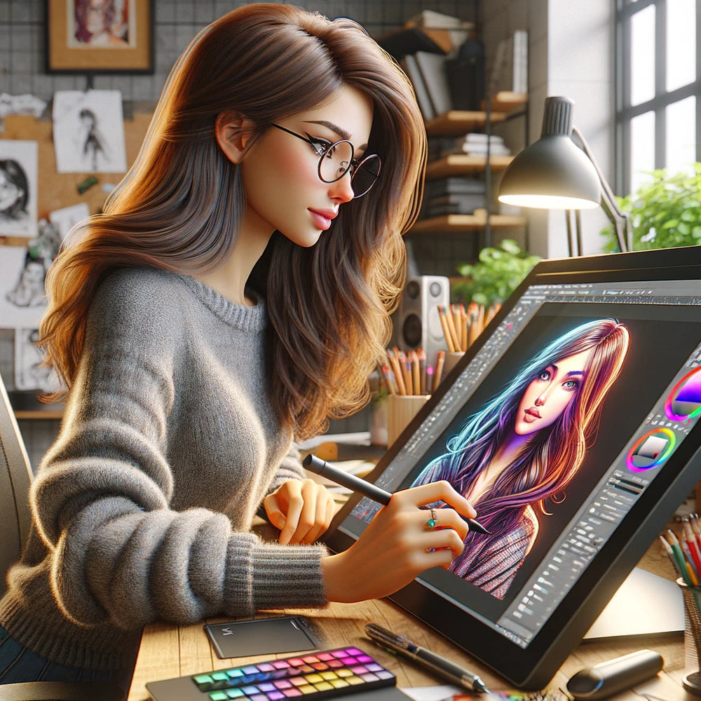 Image shows a woman at her desk creating a digital portrait on her computer