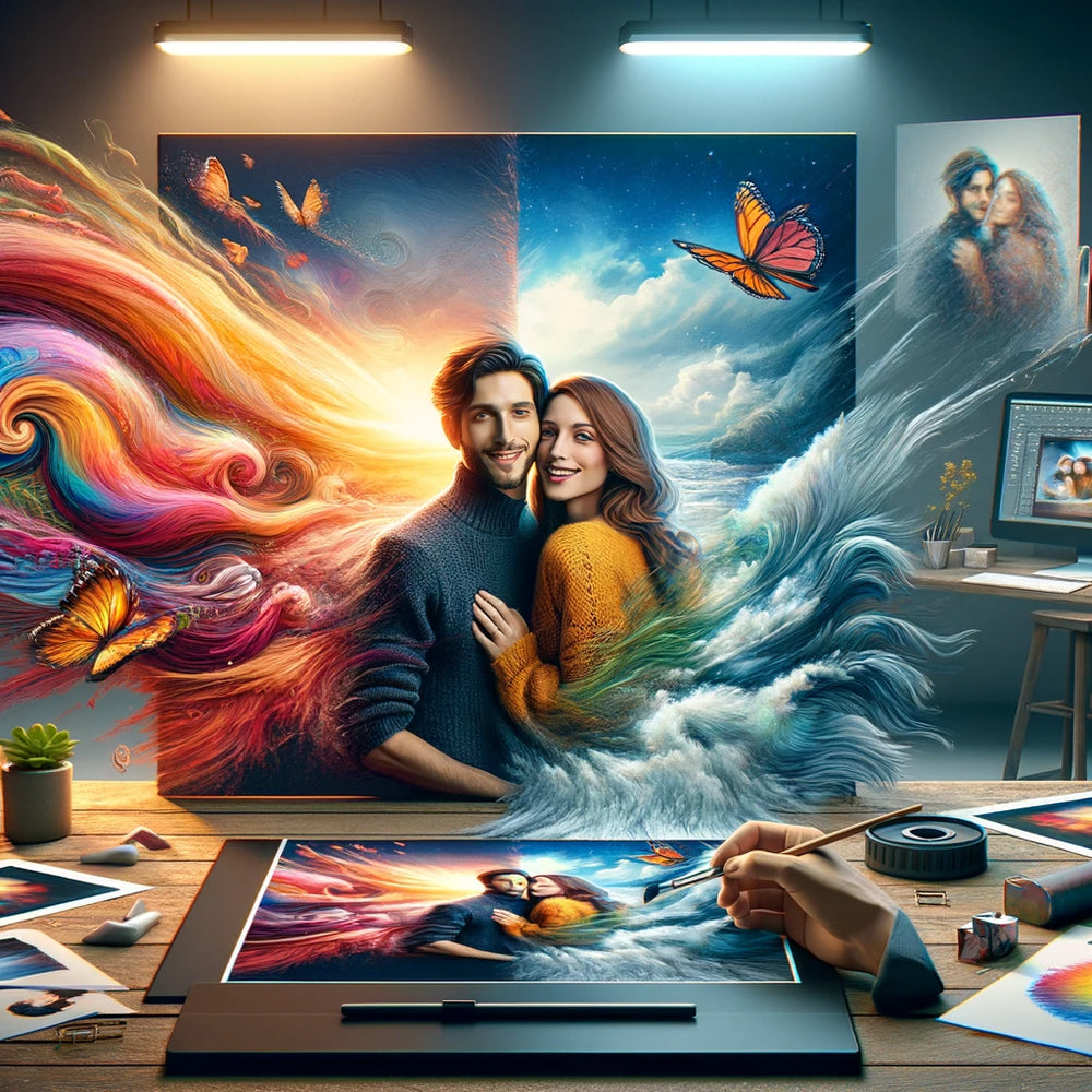 Image shows a colorful love couple created by digital painting