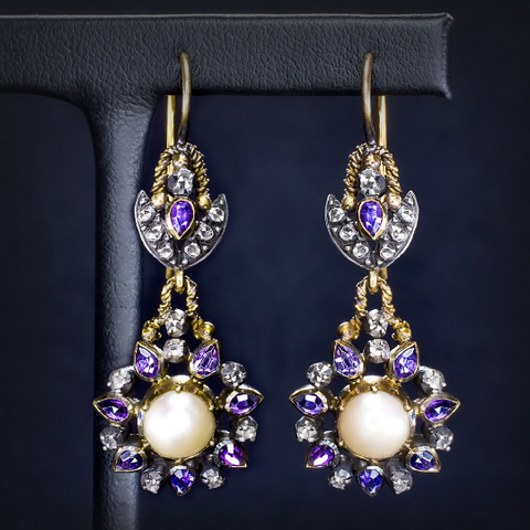 Victorian era pearl and amethyst earrings