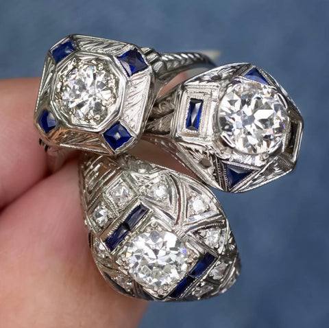 Art Deco diamond and sapphire engagement rings