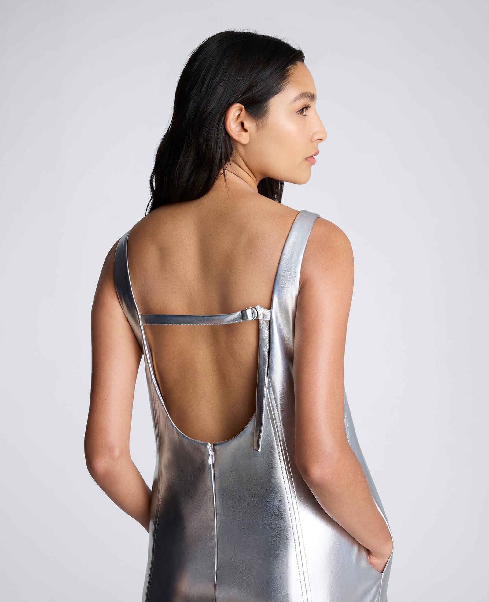 Vegan Metallic Open Back Strap Shift Dress