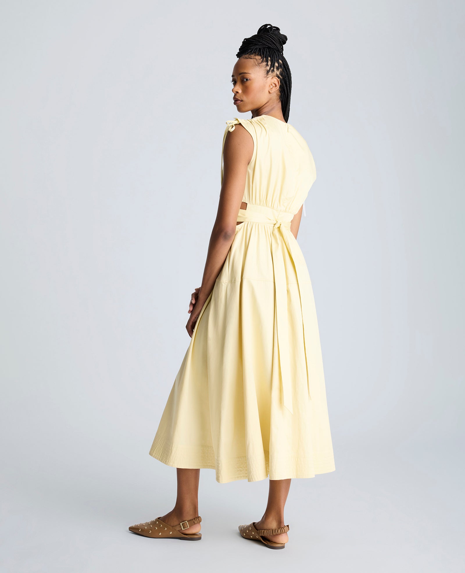 Rouched Waist Midi Dress with Tie Shoulders