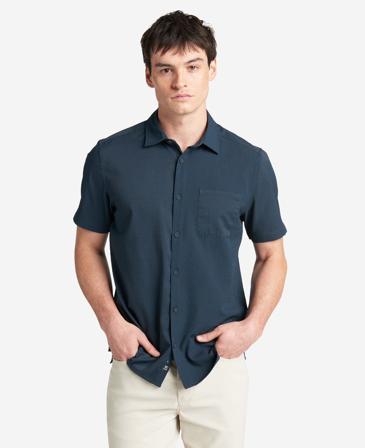 Shop Kenneth Cole Slim Fit Short-sleeve Mixed-media Shirt In Navy