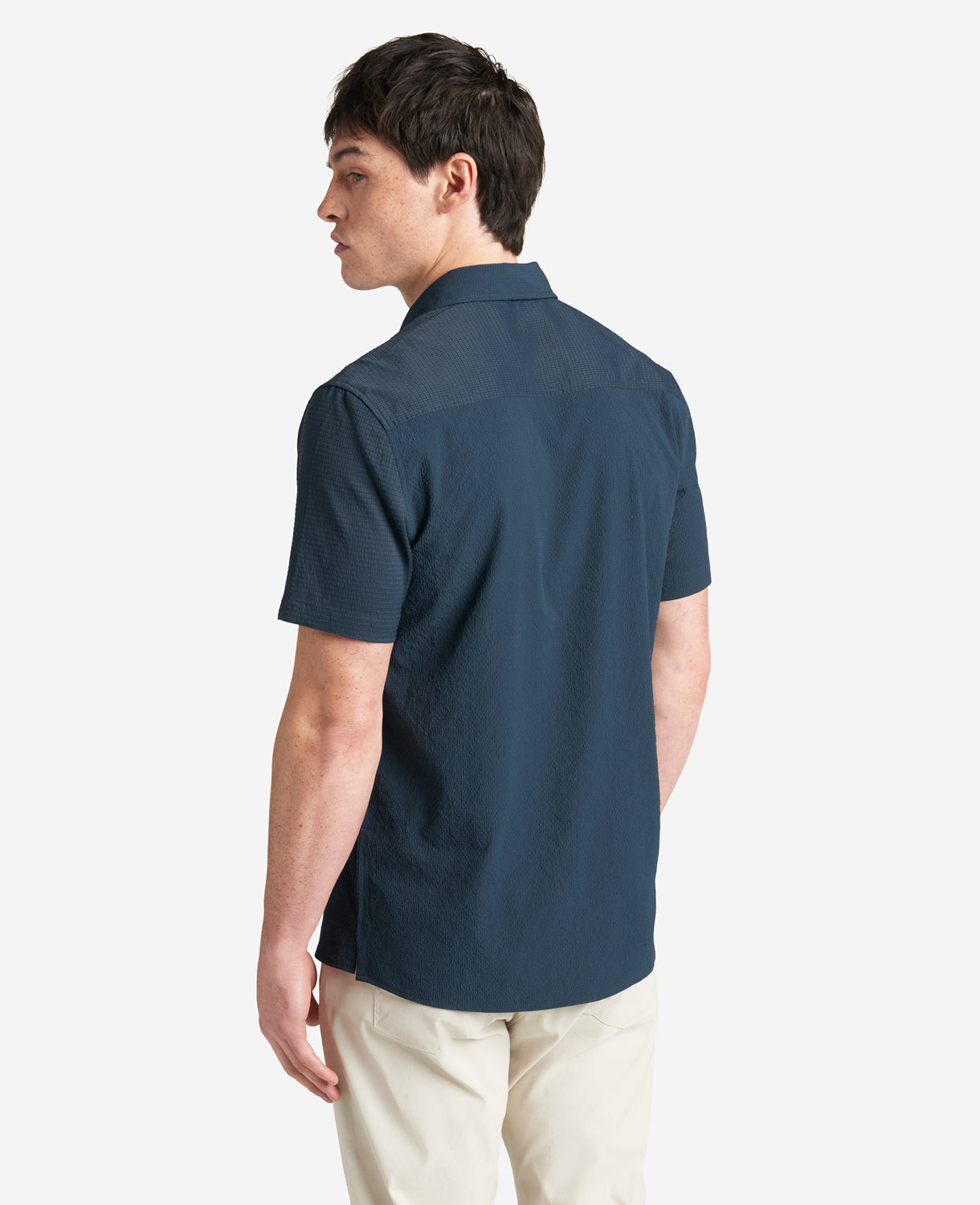 Shop Kenneth Cole Slim Fit Short-sleeve Mixed-media Shirt In Navy